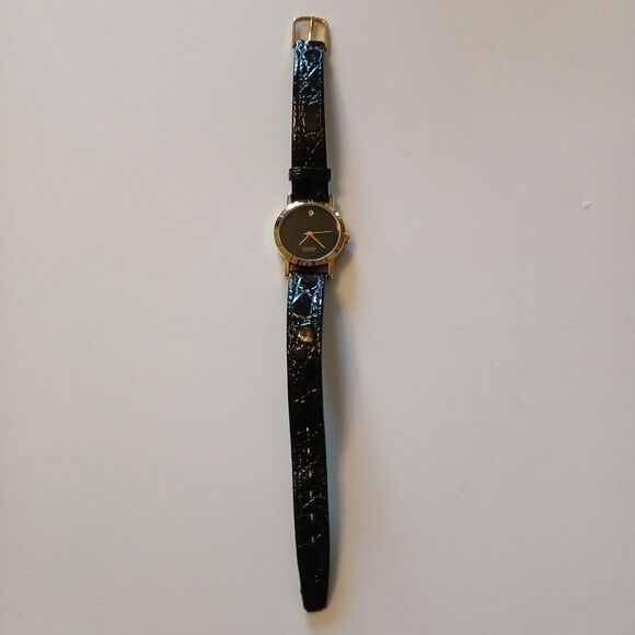 Ladies Diamond Quartz Dress Round Gold Tone Black Leather Band Analog Watch - Picture 1 of 16